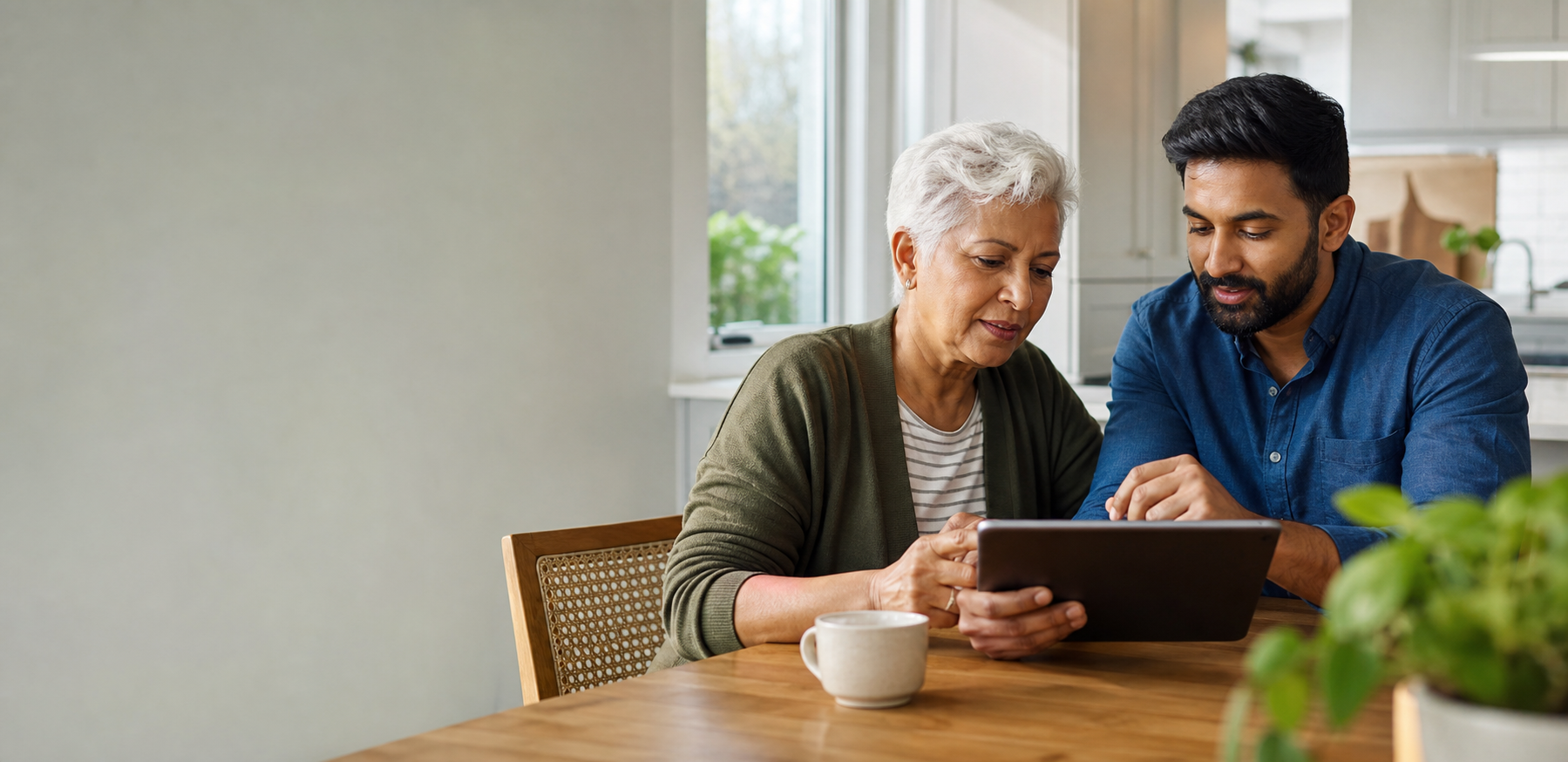 A digital assistant helping a senior citizen use a tablet at home